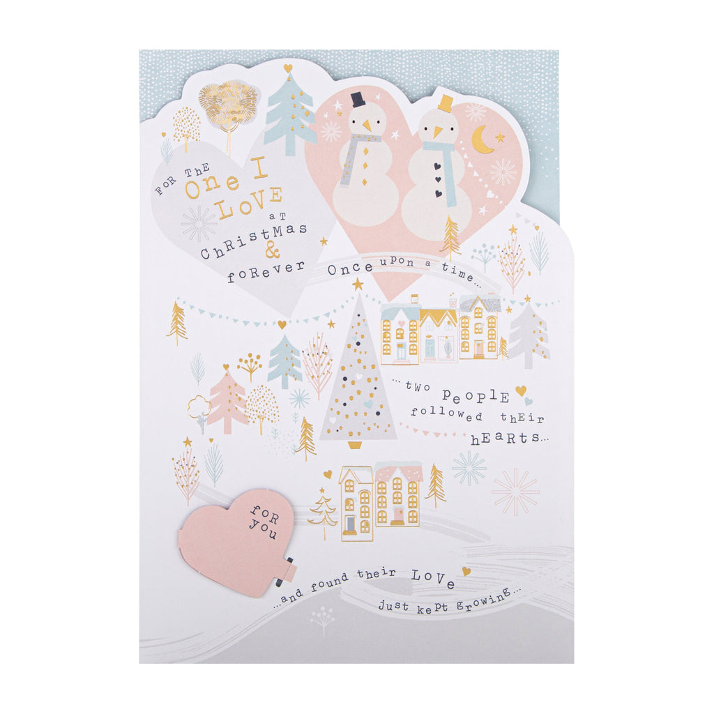 Christmas Card for The One I Love - Cute Snowman Design with Gold Foil and 3D Add On