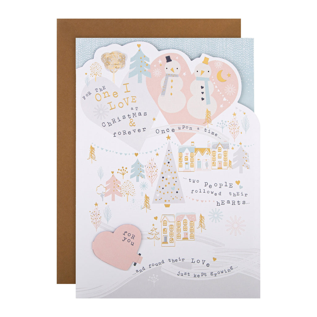 Christmas Card for The One I Love - Cute Snowman Design with Gold Foil and 3D Add On