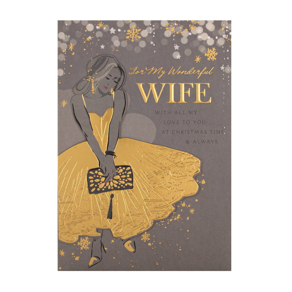 Christmas Card for Wife - Beautiful Elegant Design with Gold Foil and 3D Add On