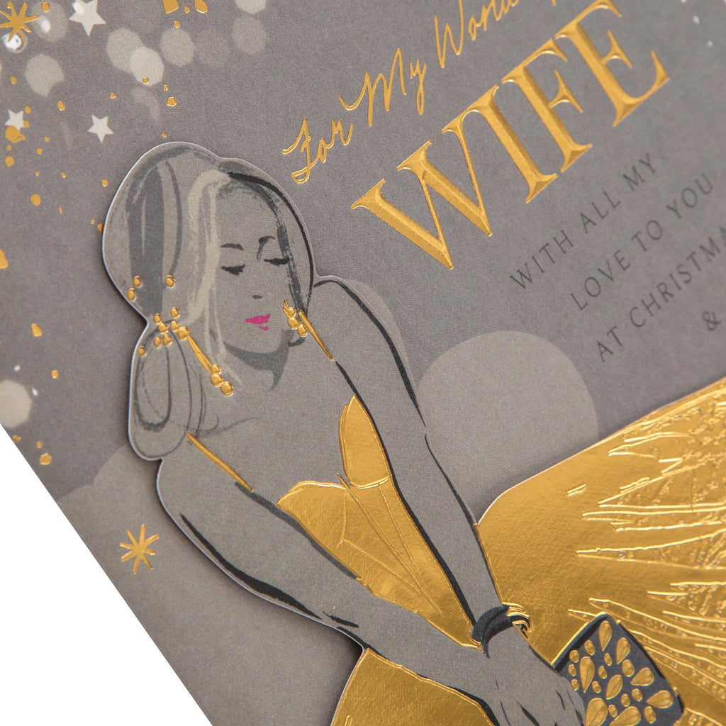 Christmas Card for Wife - Beautiful Elegant Design with Gold Foil and 3D Add On