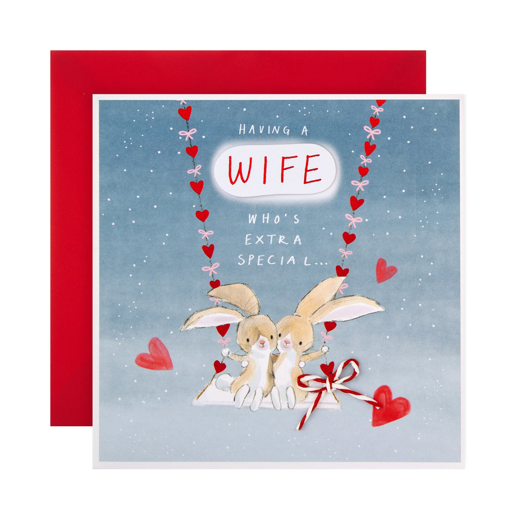 Valentine Card for Wife - Cute Bunnies on a Swing Design