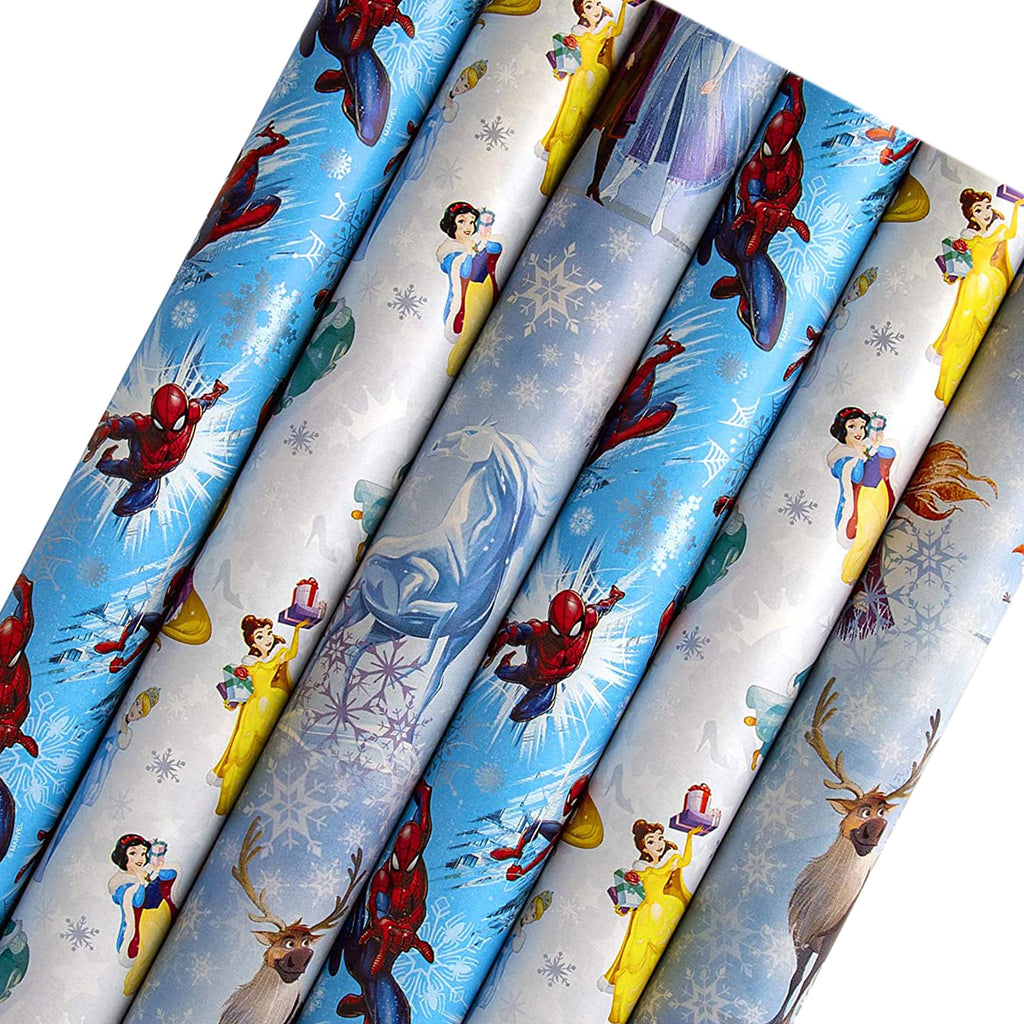 6 Roll Christmas Wrapping Paper Bundle - Disney Princess, Frozen and Spiderman