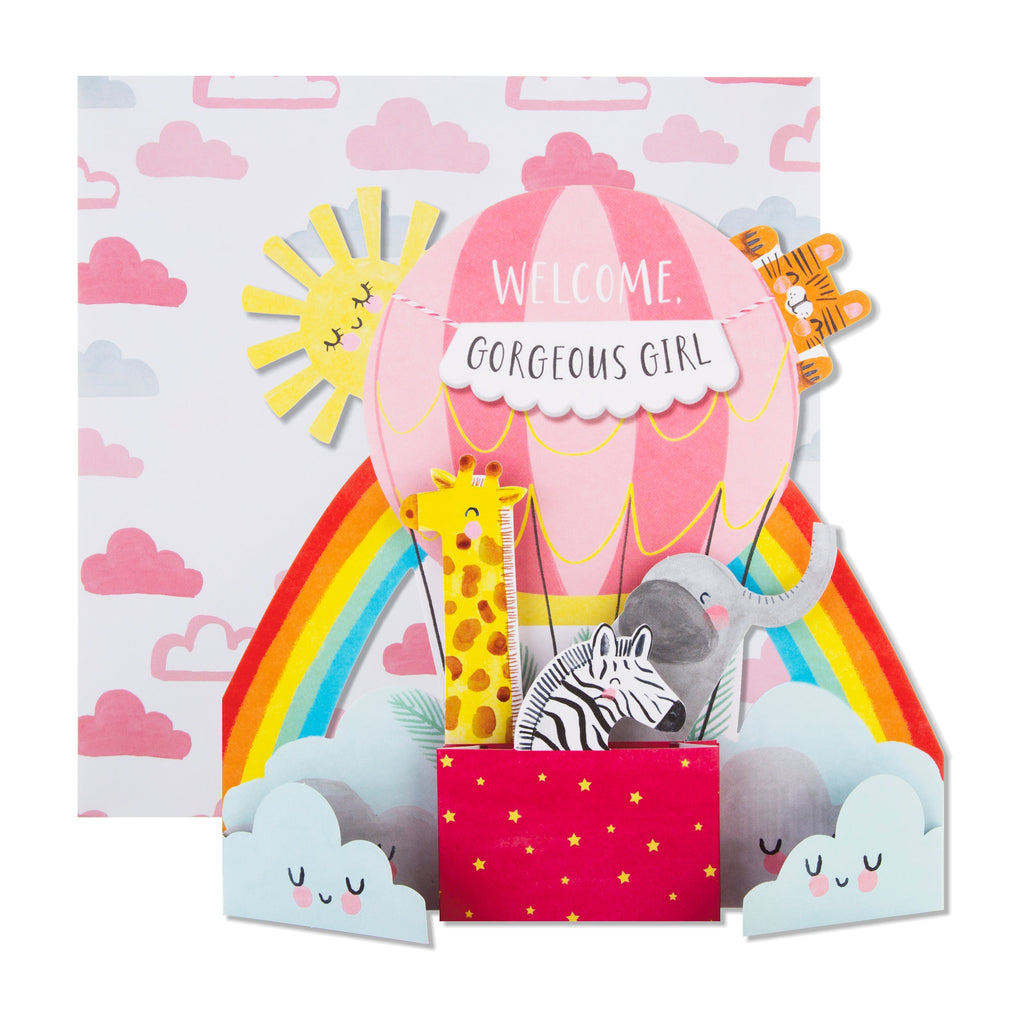 New Baby Girl Congratulations Card - Cute 3D Pop-out Hot Air Balloon Design