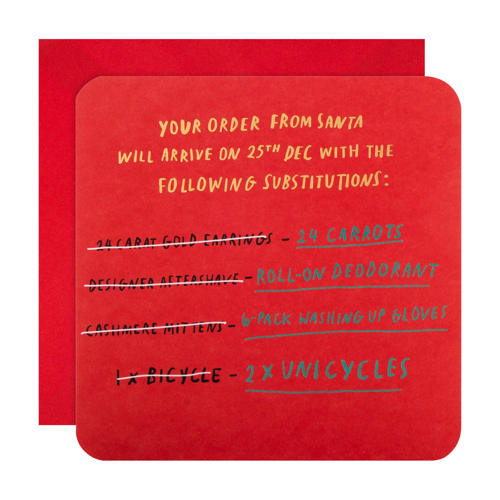 Funny Christmas Presents Substitutions Card Design with Gold Foil and Rounded Edges
