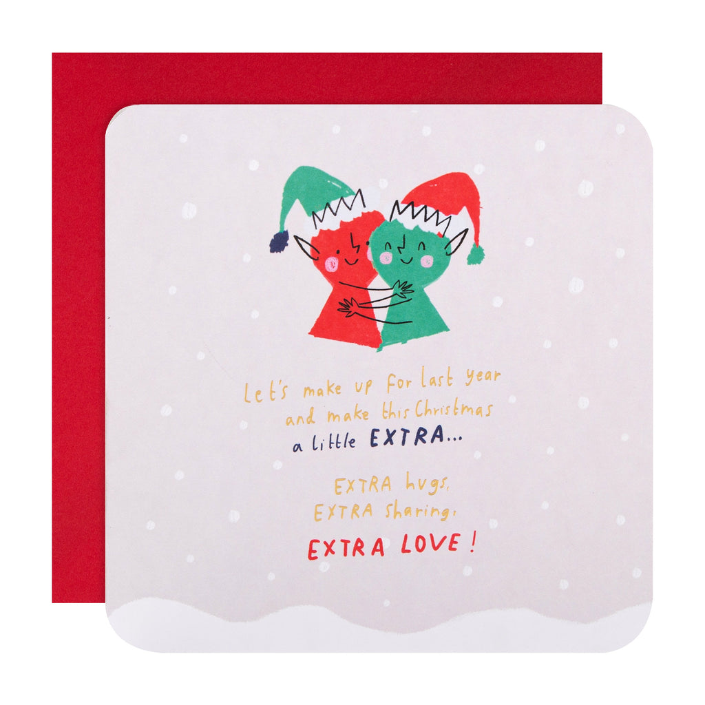 Christmas Card for Friends - Cute Hugging Elves Design with Gold Foil