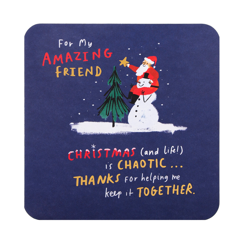 Christmas Card for Friend - Cute Santa Snowman Design with Gold Foil