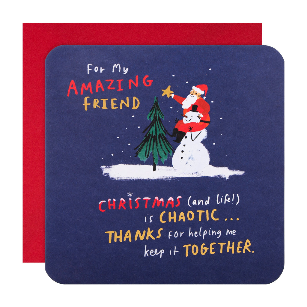 Christmas Card for Friend - Cute Santa Snowman Design with Gold Foil