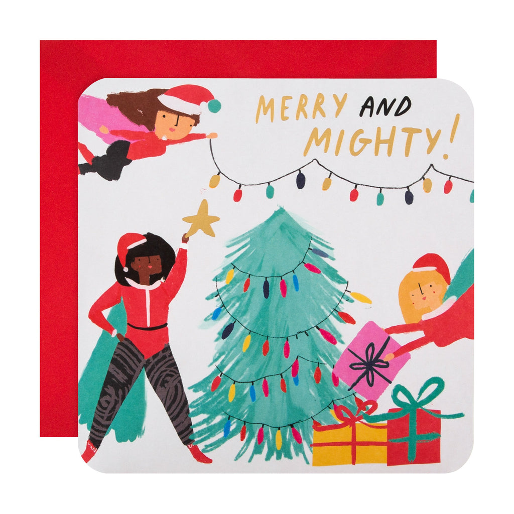 Christmas Card for Her - Merry and Mighty Design with Gold Foil