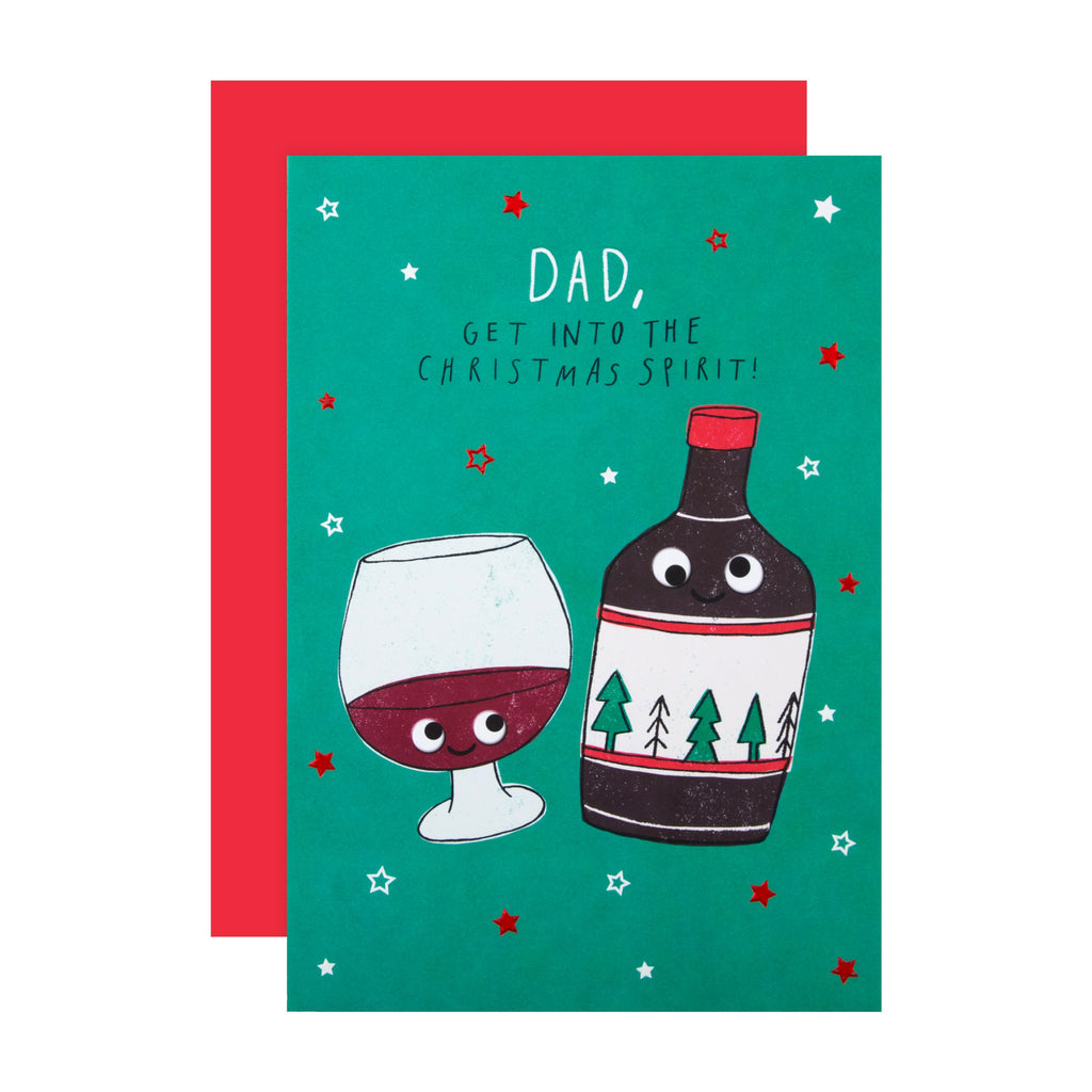 Christmas Card for Dad - Funny Bottle of Mulled Wine and Glass Design with Red Foil
