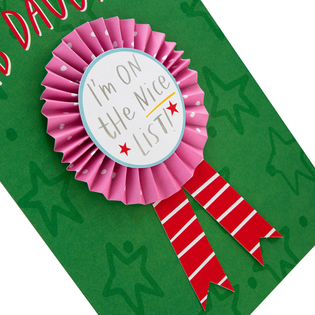 Christmas Card for Daughter - Fun Nice List Design with Silver Foil and Removable Badge