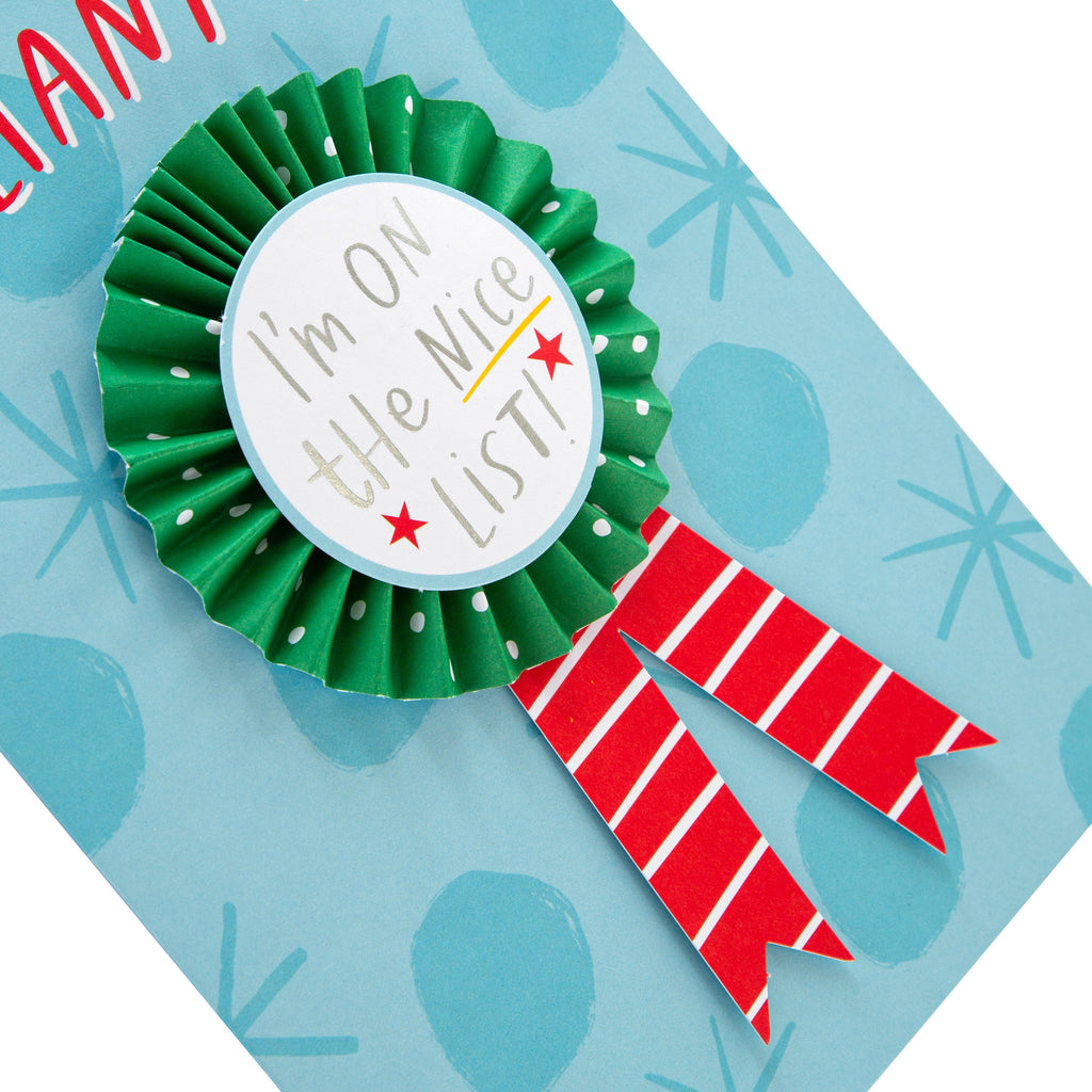 Christmas Card for Son - Fun Nice List Design with Silver Foil and Removable Badge