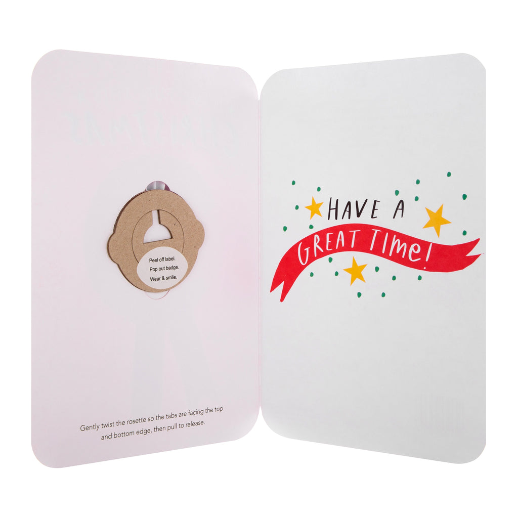 General Christmas Card - Fun Bold Rosette Design with Silver Foil and Removable Badge