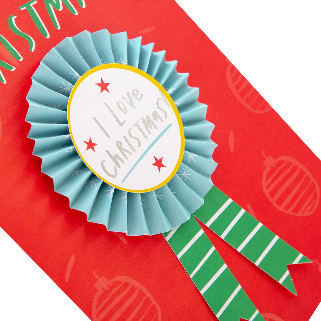 General Christmas Card - Fun Bold Rosette Design with Silver Foil and Removable Badge