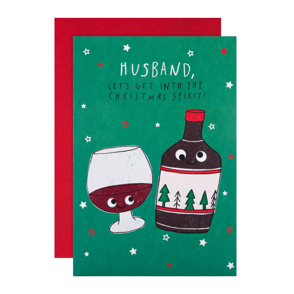 Christmas Card for Husband - Funny Bottle of Mulled Wine and Glass Design