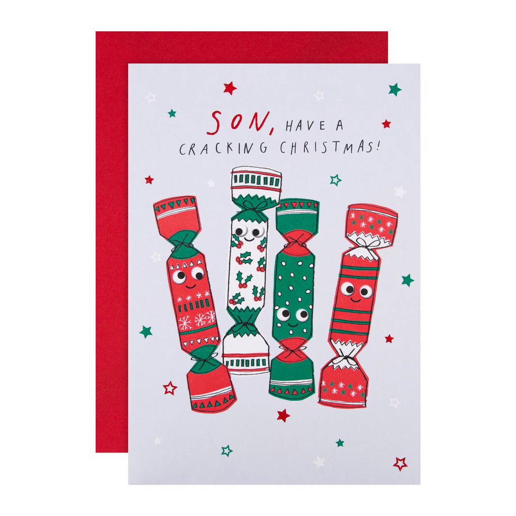 Christmas Card for Son - Funny Festive Crackers Design with Red Foil