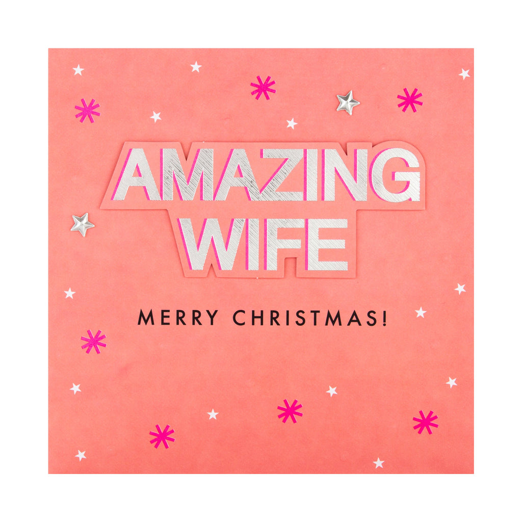 Christmas Card for Wife - Contemporary Letters and Stars Design with 3D Add Ons and Silver Foil
