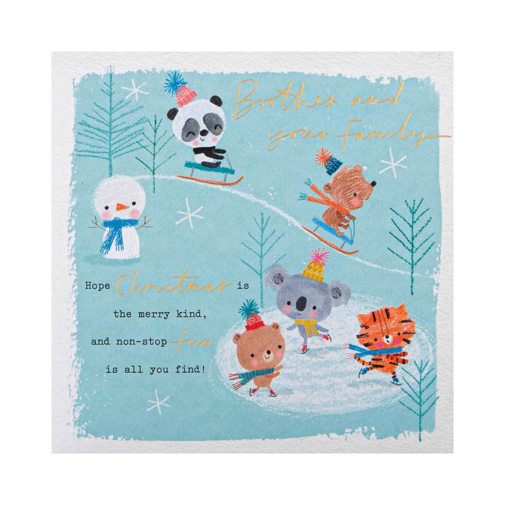 Christmas Card for Brother and Family - Festive Animal Ice Skating Design with Gold Foil