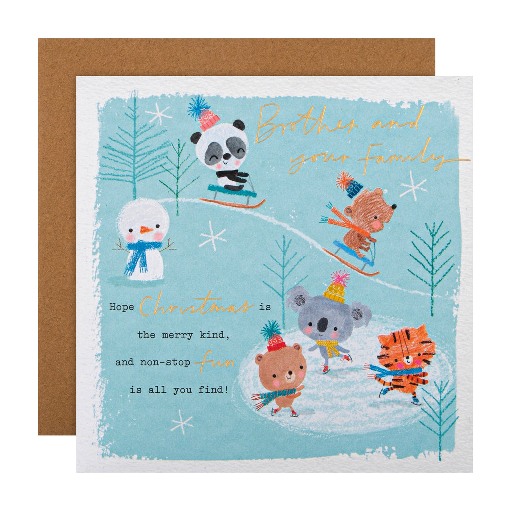 Christmas Card for Brother and Family - Festive Animal Ice Skating Design with Gold Foil