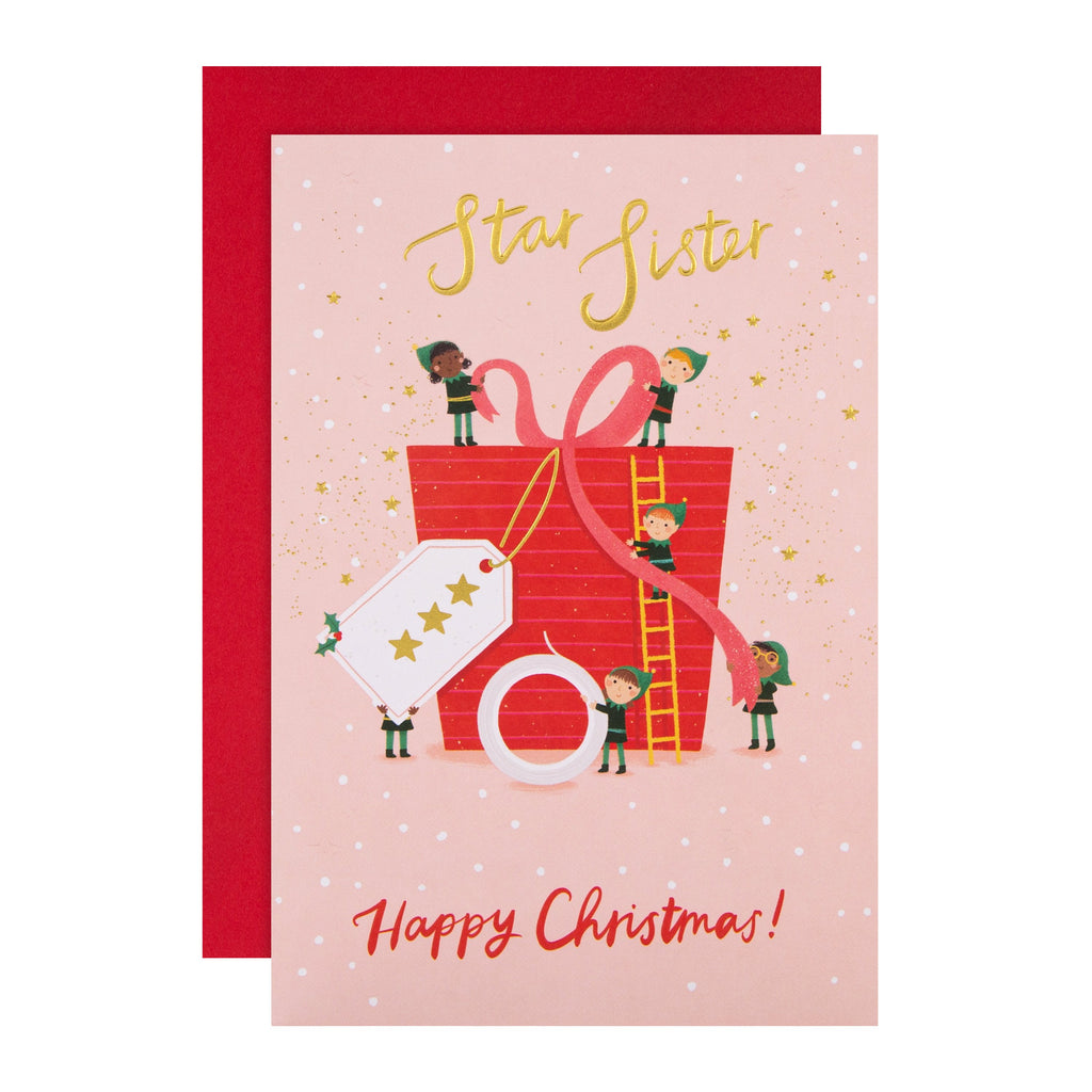 Christmas Card for Sister - Cute Star Elves Design with Gold Foil