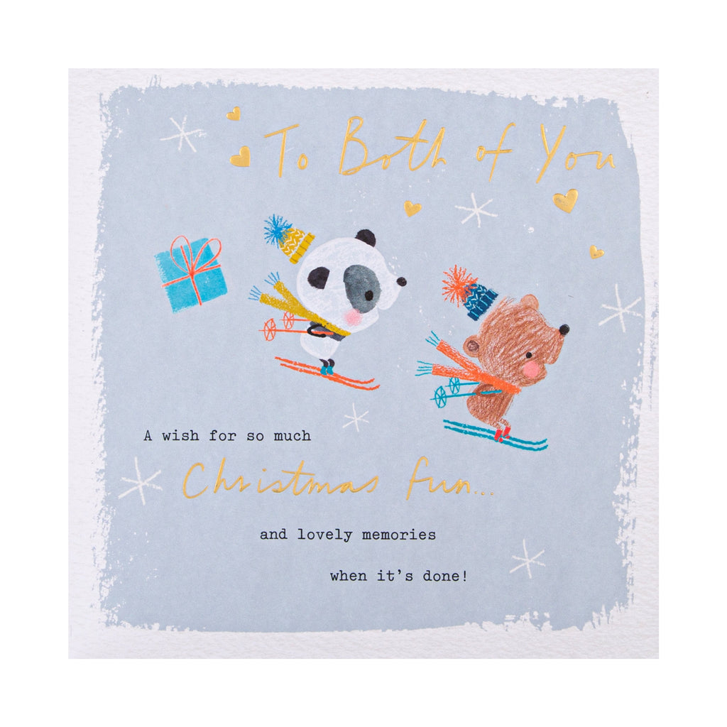 Christmas Card for Both of You - Cute Skiing Animals Design with Gold Foil