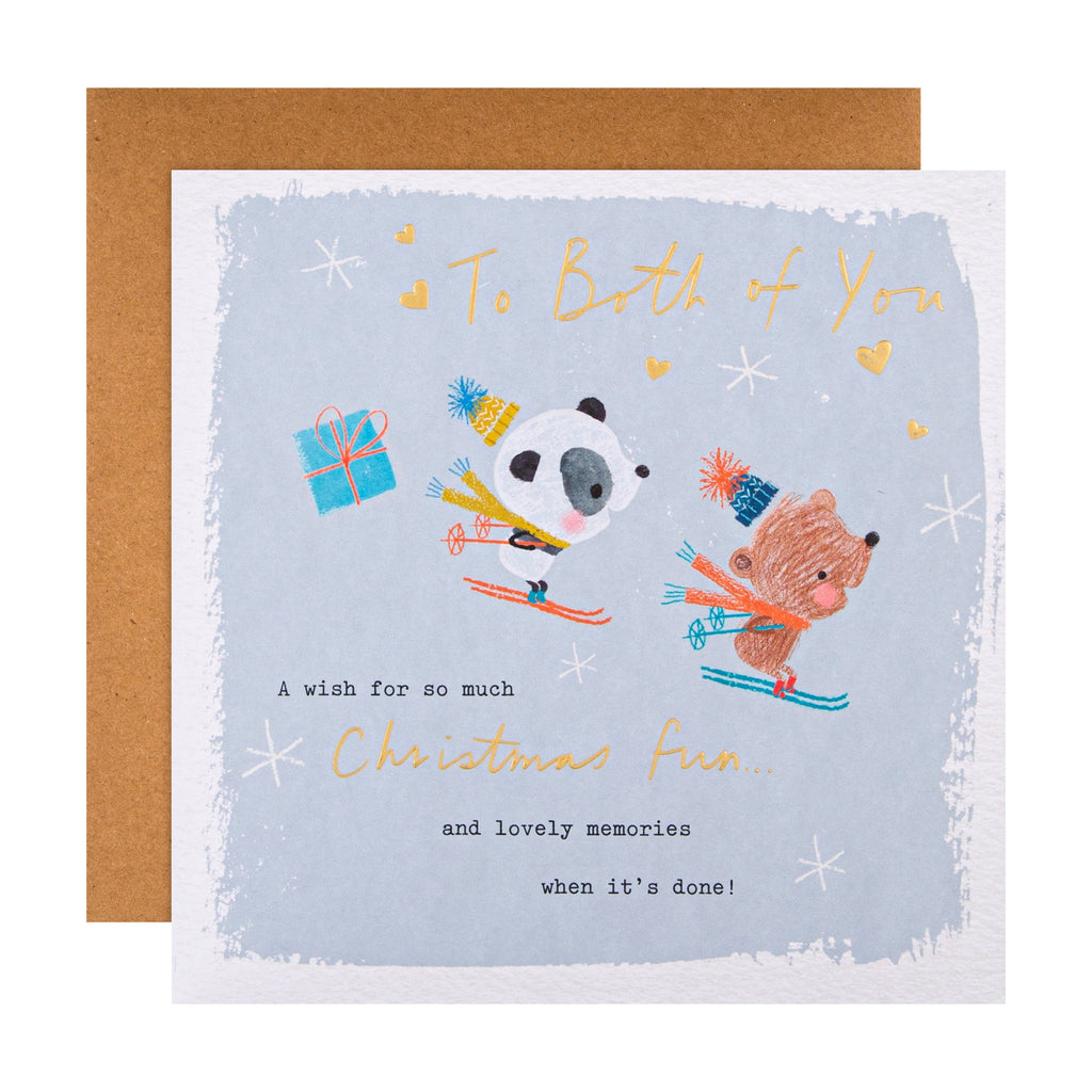 Christmas Card for Both of You - Cute Skiing Animals Design with Gold Foil