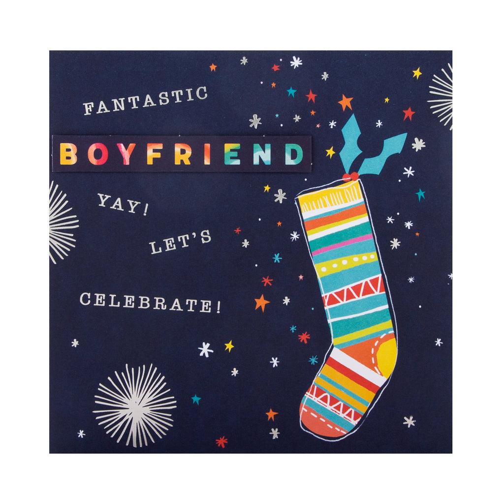 Christmas Card for Boyfriend - Contemporary Patterned Stocking Design with Silver Foil