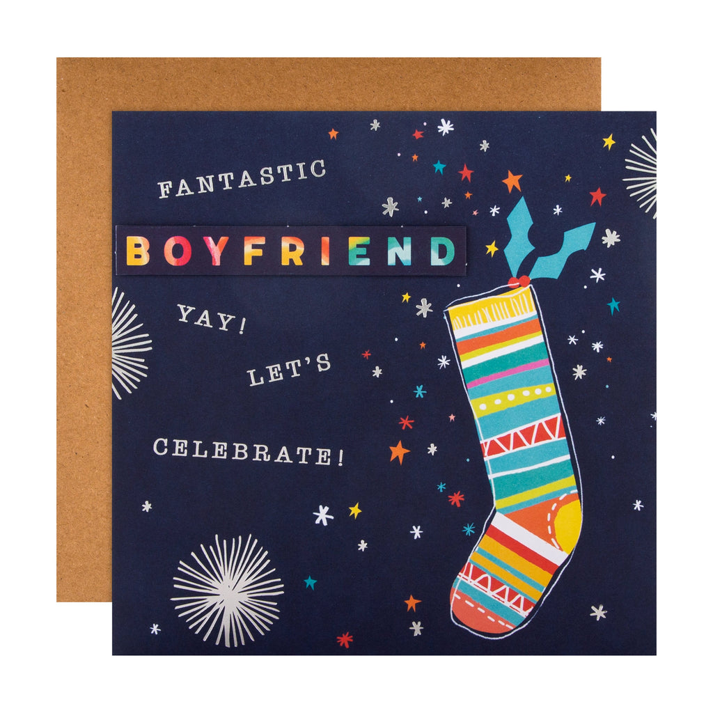 Christmas Card for Boyfriend - Contemporary Patterned Stocking Design with Silver Foil