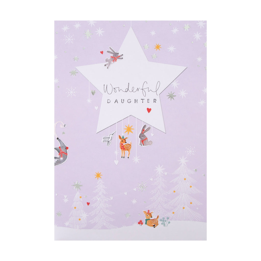 Christmas Card for Daughter - Cute Winter Animals Design with Silver Foil and Customisable Sticker Sheet