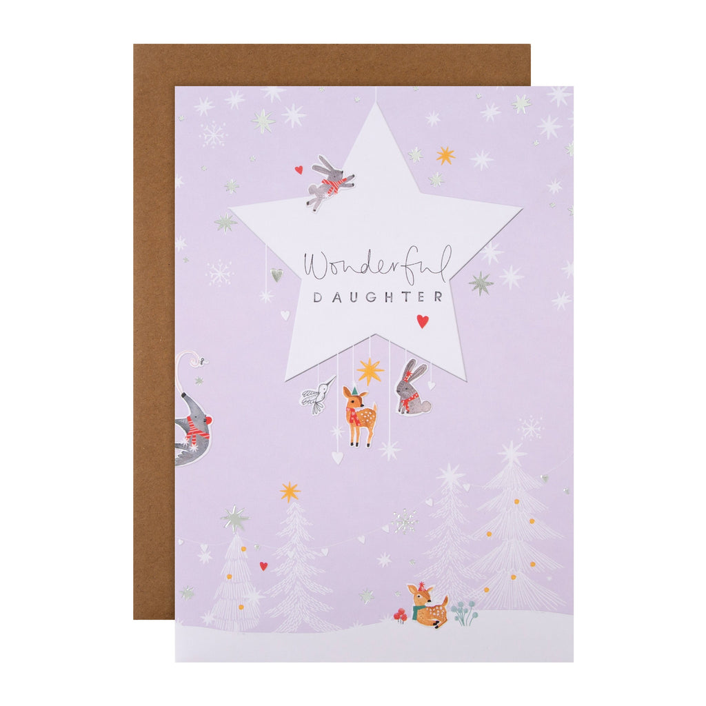 Christmas Card for Daughter - Cute Winter Animals Design with Silver Foil and Customisable Sticker Sheet
