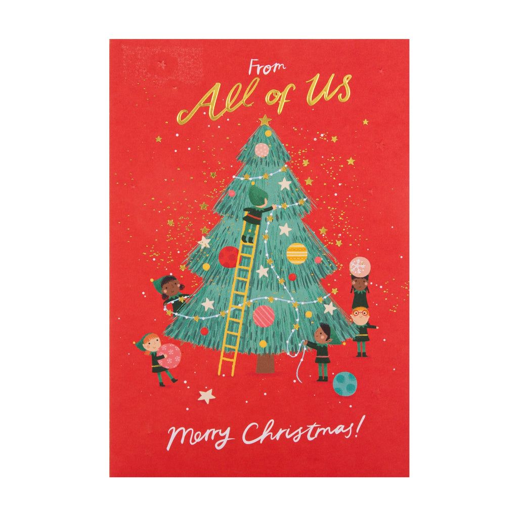 Christmas Card from All of Us - Fun Tree Elves Design with Gold Foil