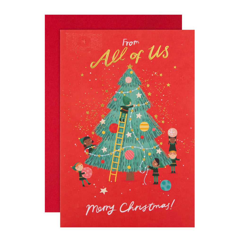 Christmas Card from All of Us - Fun Tree Elves Design with Gold Foil