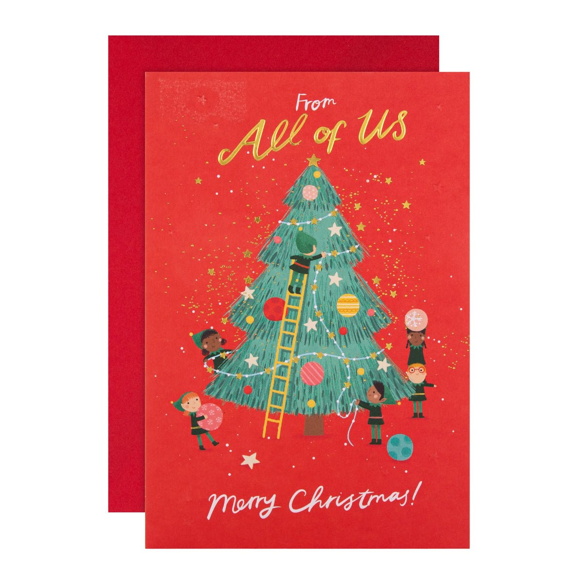 Christmas Card from All of Us Fun Tree Elves Design with Gold Foil