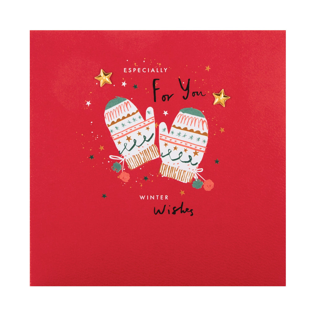 General Christmas Card - Cute Winter Mittens Design with Gold Star Attachments