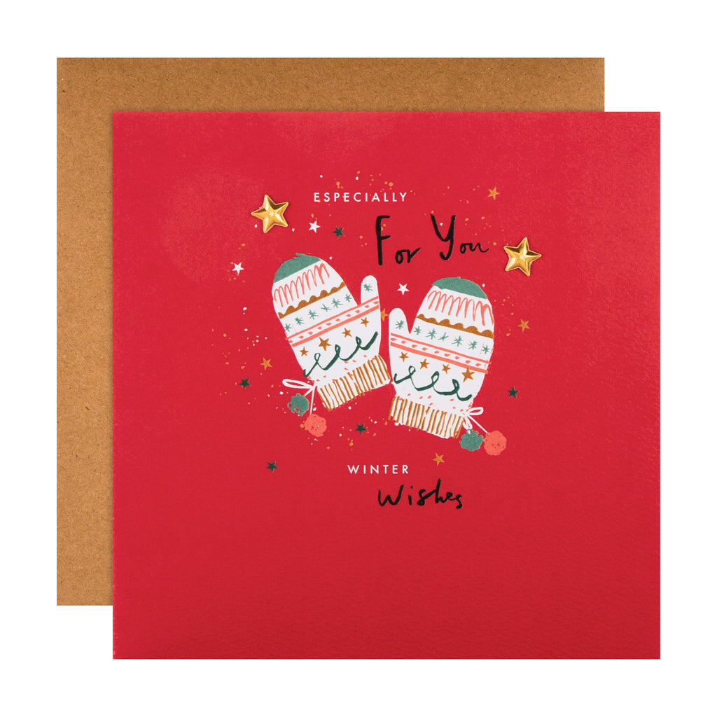 General Christmas Card - Cute Winter Mittens Design with Gold Star Attachments
