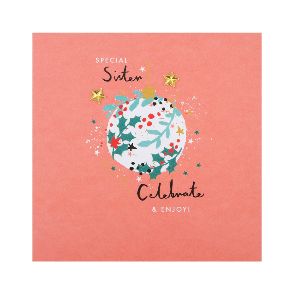 Christmas Card for Sister - Bauble Design with Innovative Moulded Paper Charm Attachments