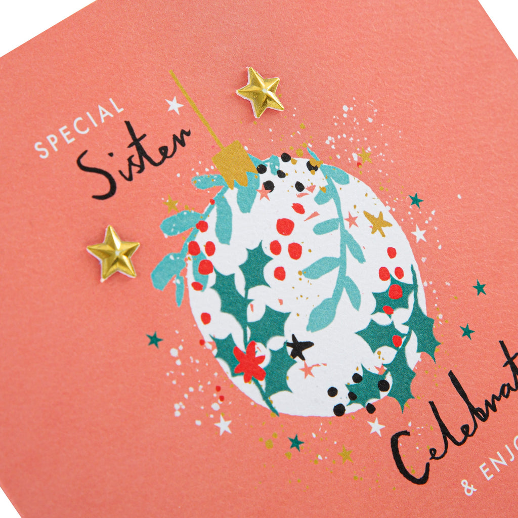 Christmas Card for Sister - Bauble Design with Innovative Moulded Paper Charm Attachments