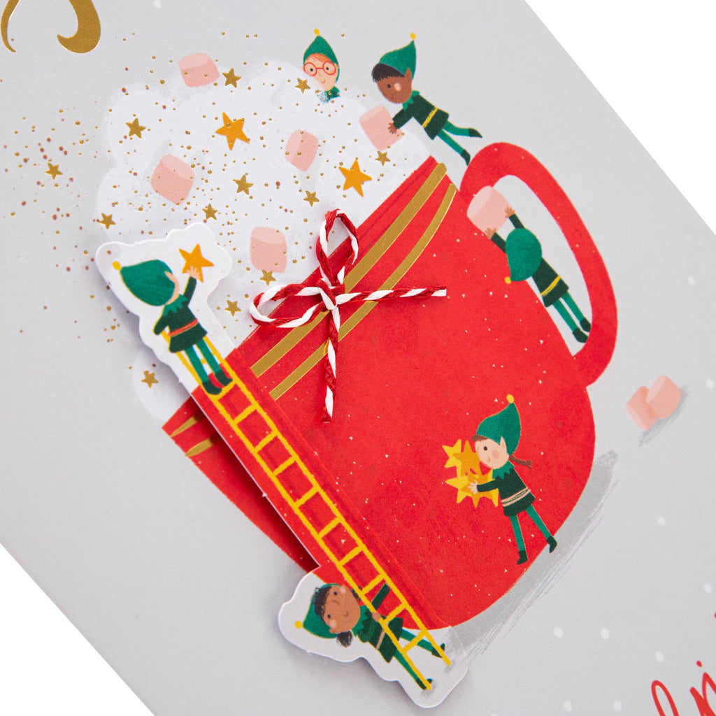 Christmas Card for Son - Cute Hot Chocolate Elves Design with Gold Foil and 3D Add On