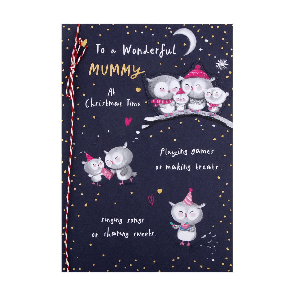 Christmas Card for Mummy - Cute Illustrated Owls Design
