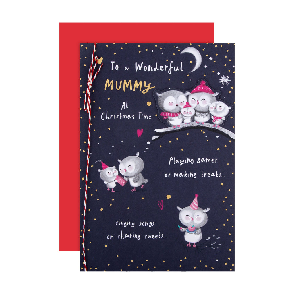 Christmas Card for Mummy - Cute Illustrated Owls Design