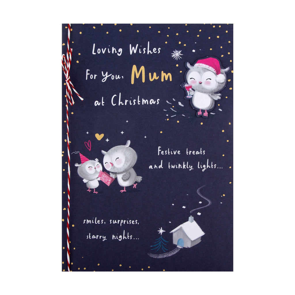 Christmas Card for Mum - Cute Illustrated Owls Design