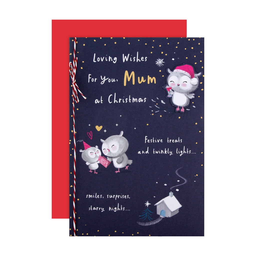Christmas Card for Mum - Cute Illustrated Owls Design