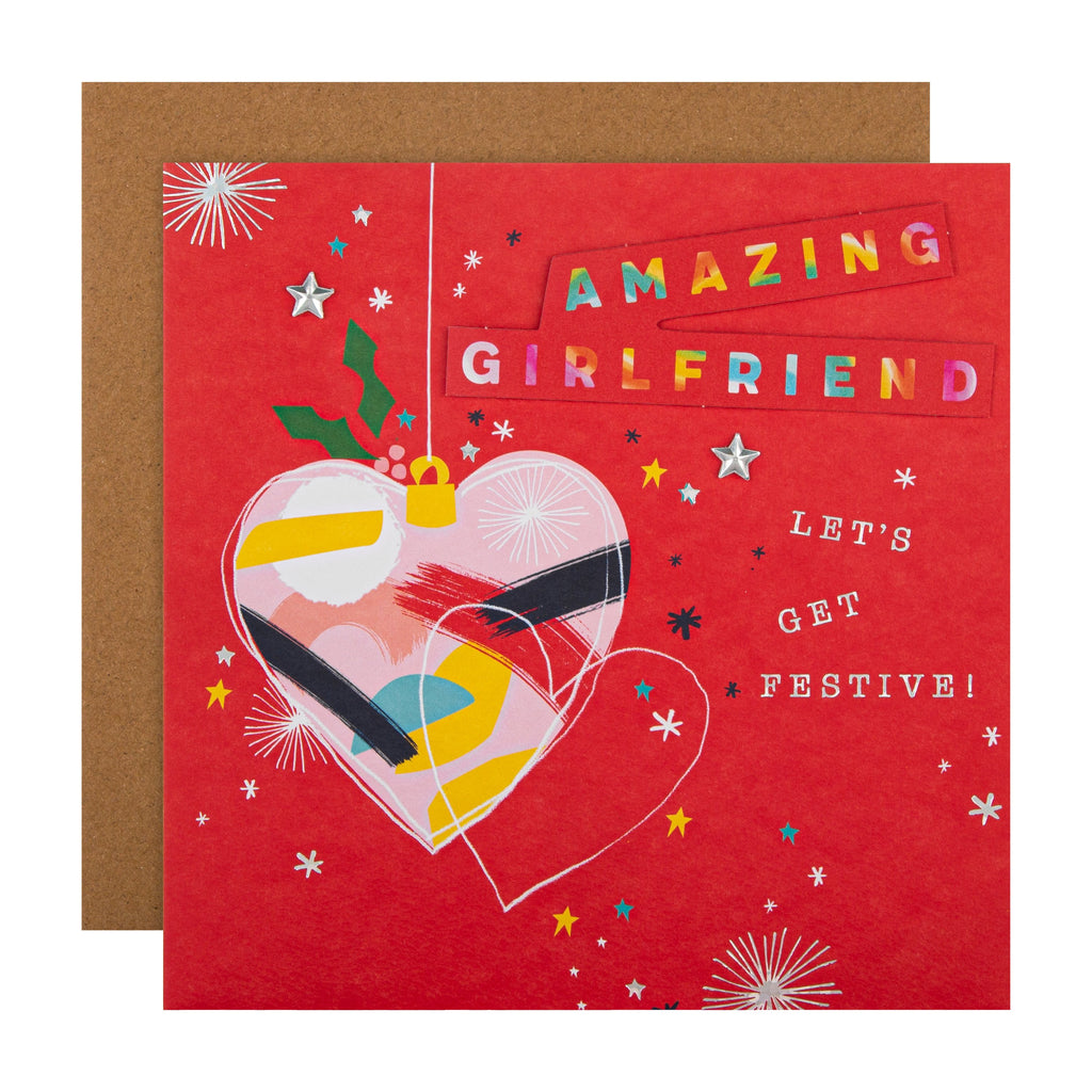 Christmas Card for Girlfriend - Colourful Holly Heart Design with 3D Add Ons and Silver Foil