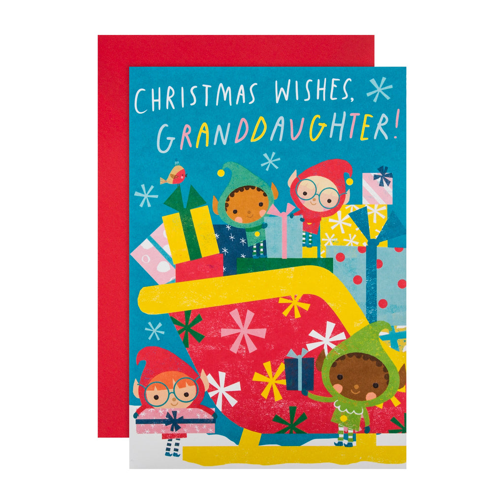 Christmas Card for Granddaughter - Elf Wishes Sleigh Tri-Fold Design