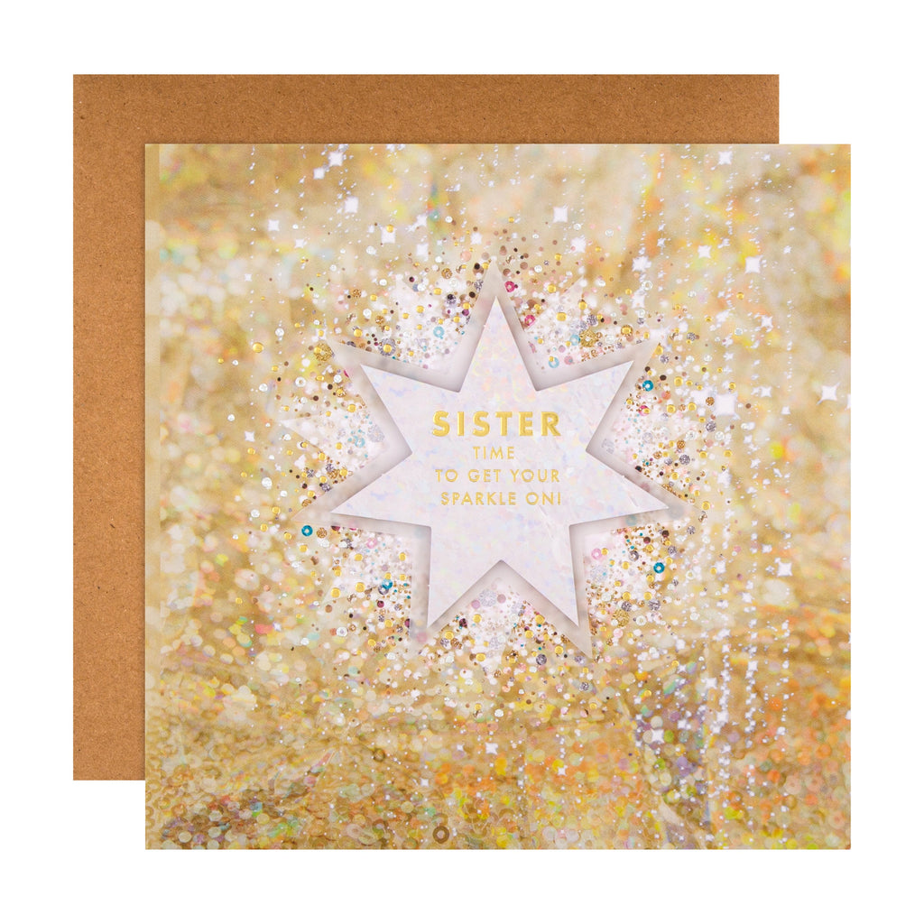 Christmas Card for Sister - Sparkling Star Design with Gold Foil and 3D Add On