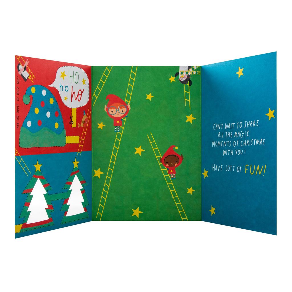 Christmas Card for Grandson - Elf Presents Tri-Fold Design