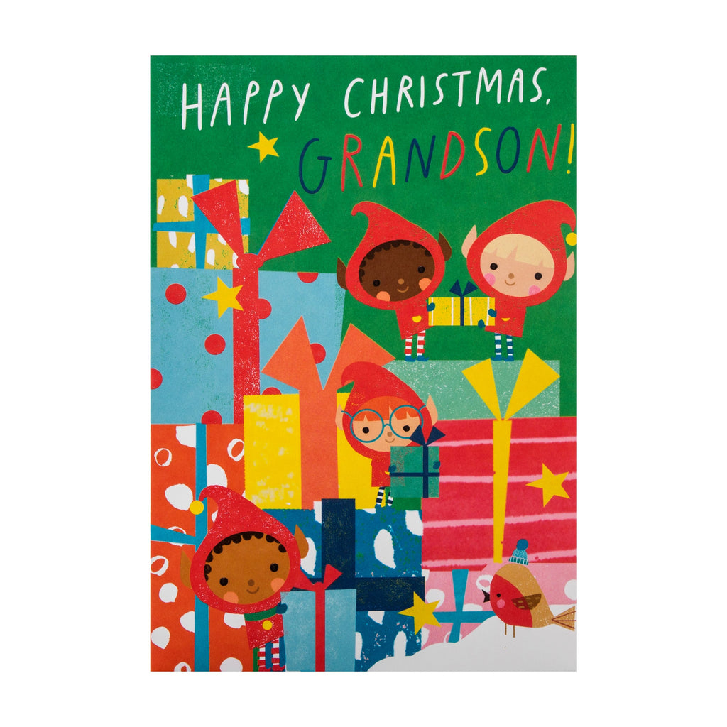 Christmas Card for Grandson - Elf Presents Tri-Fold Design