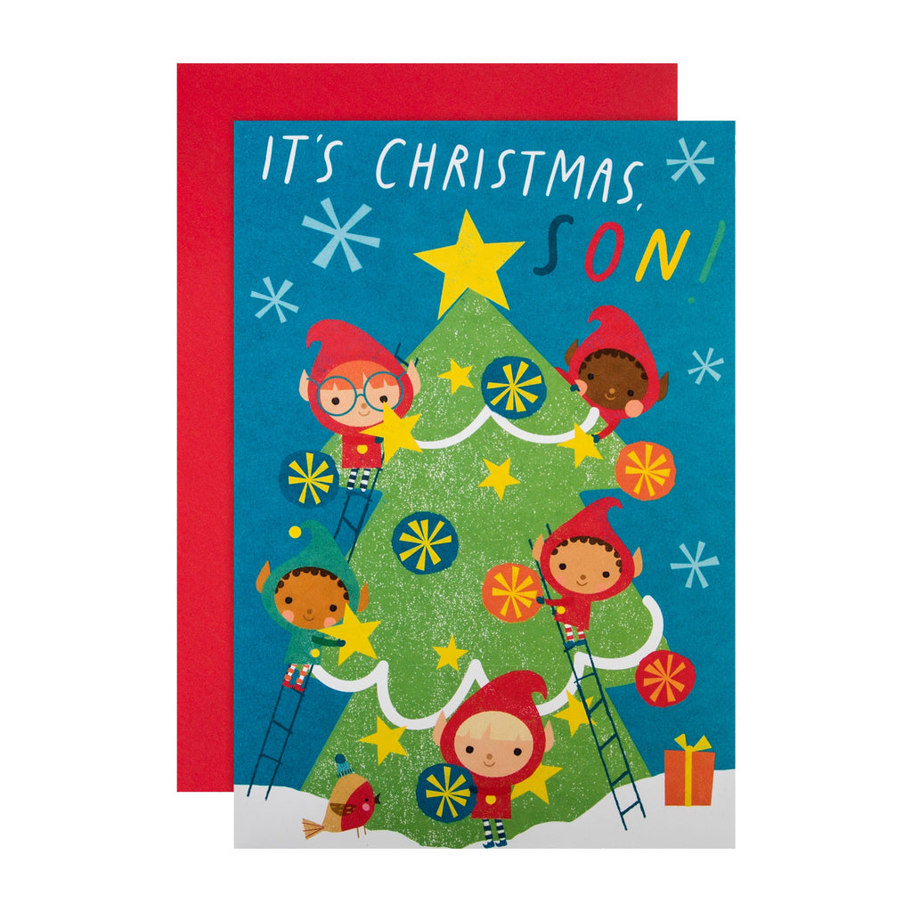 Christmas Card for Son - Elf Decorating Tree Tri-Fold Design