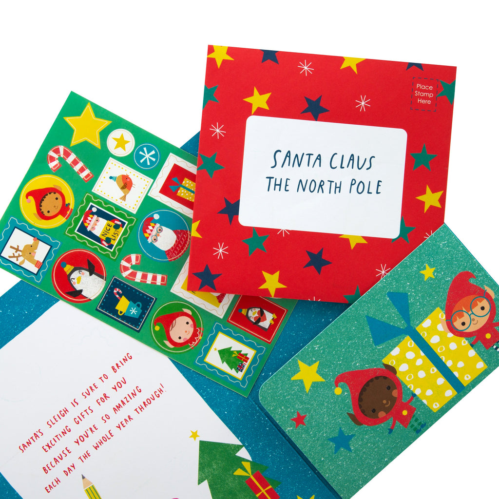 Christmas Card for Kids - It's Christmas Time Elf Envelope Design with Matt Finish and Stickers