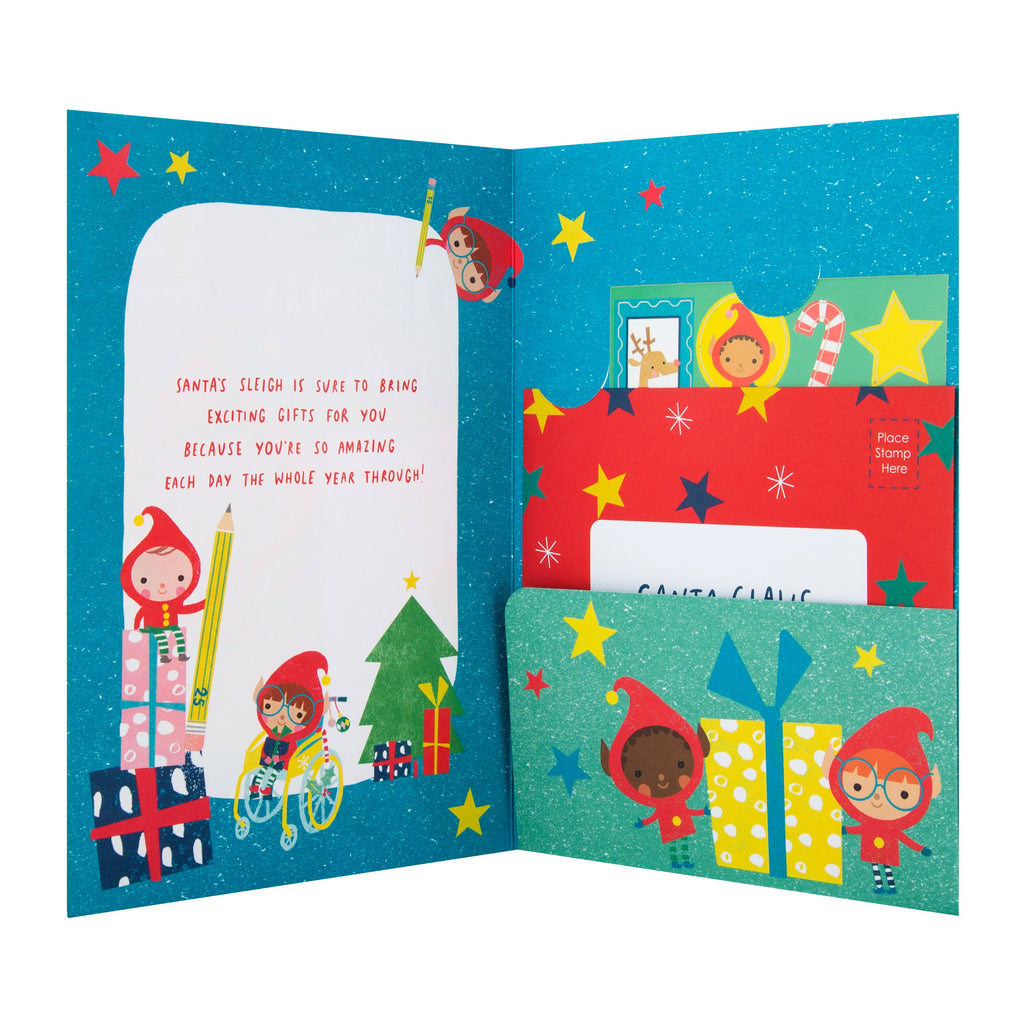 Christmas Card for Kids - It's Christmas Time Elf Envelope Design with Matt Finish and Stickers