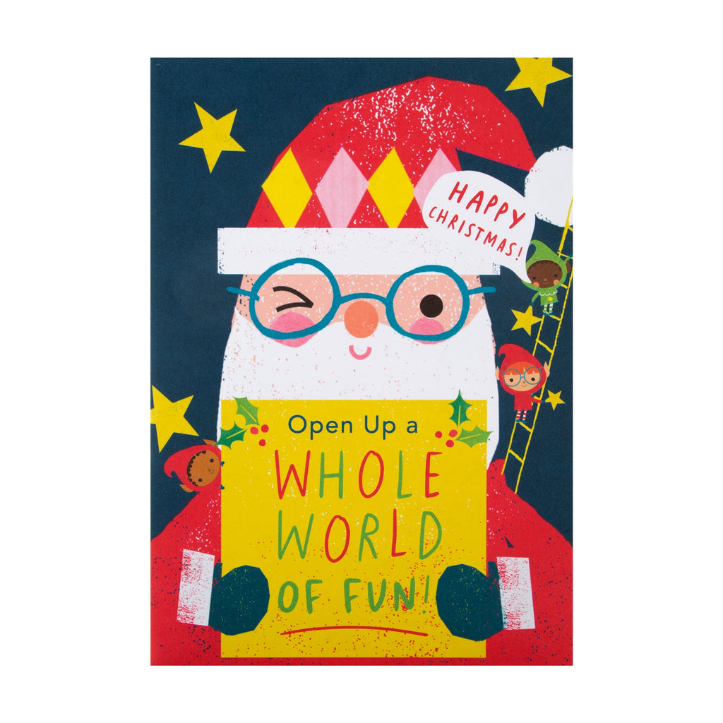 Christmas Card for Kids - Santa Claus Whole World of Fun Colourful Design with Matt Finish and Stickers